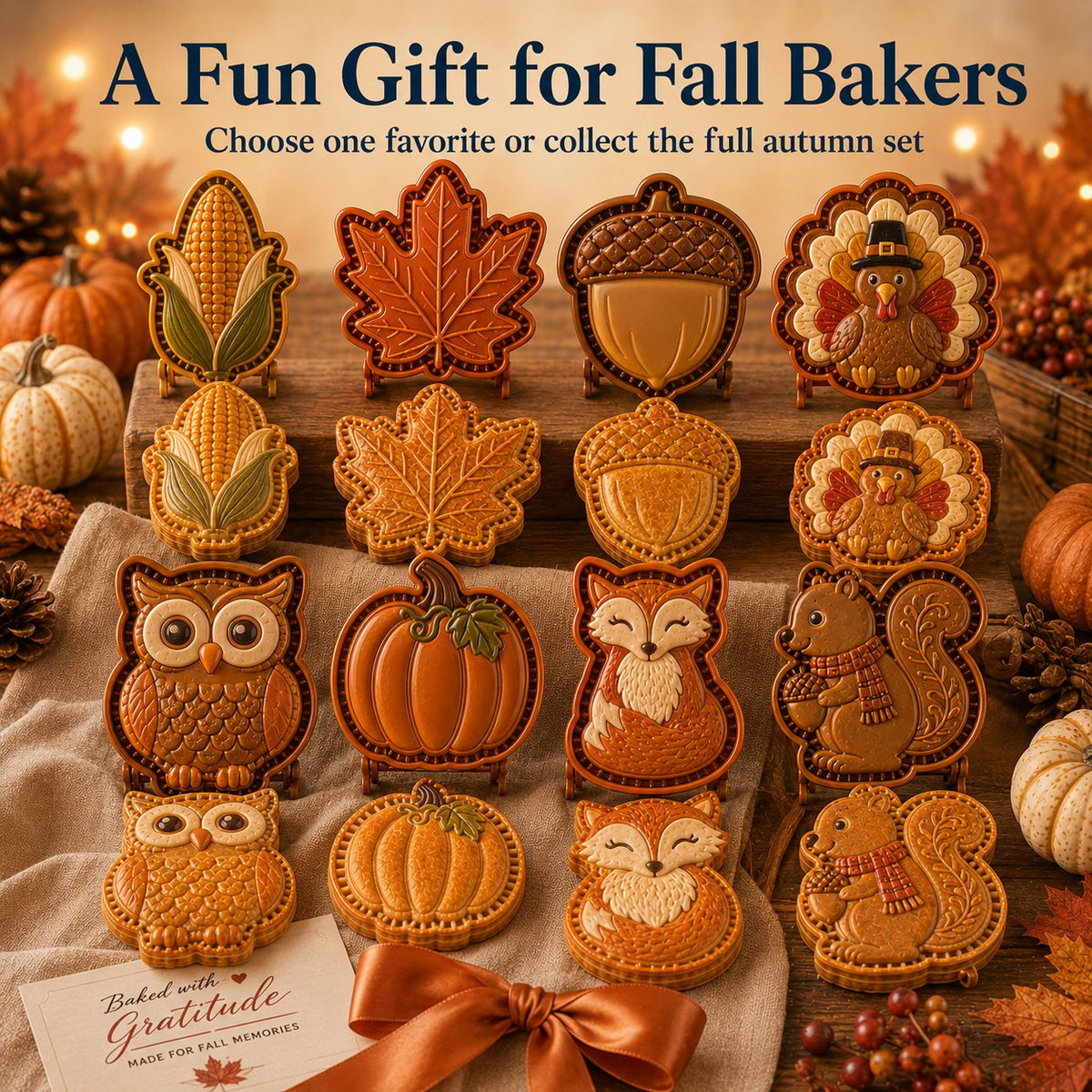 🍂 Collezione di 8 stampi per mini torte autunnali | Stampi riutilizzabili con motivi in rilievo per realizzare forme dettagliate di gufo, volpe, tacchino, zucca, ghianda e altro ancora 🍂✨