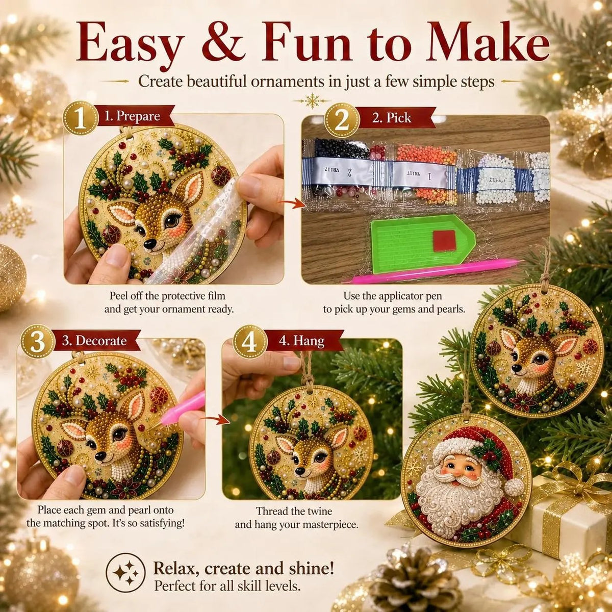 Kit fai da te per decorazioni natalizie con tecnica “diamond painting” – Decorazioni artigianali da appendere all'albero di Natal