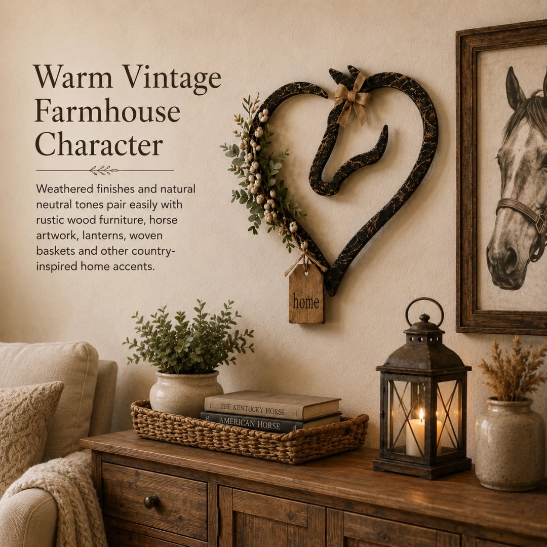 Decorazione da parete rustica a forma di cuore di cavallo con piante verdi – Elemento decorativo in stile country-equestre per la casa