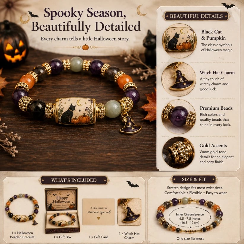 🔥ULTIMO GIORNO: SCONTO DEL 50% - 🎃Set regalo in edizione limitata per Halloween 2026: braccialetto con perline a forma di gatto nero e zucca