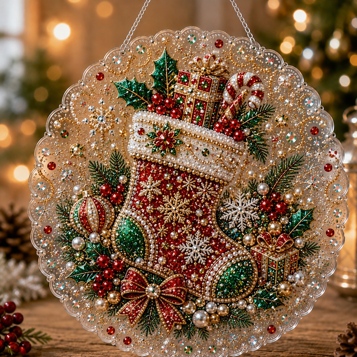 🎄Kit per decorazioni natalizie da appendere in stile Diamond Art con perline perlacee | Tela di lusso floccata con perline perlacee resistenti ai graffi e che non sbiadiscono – Decorazioni natalizie fai da te da appendere, realizzate a mano 🎅💎