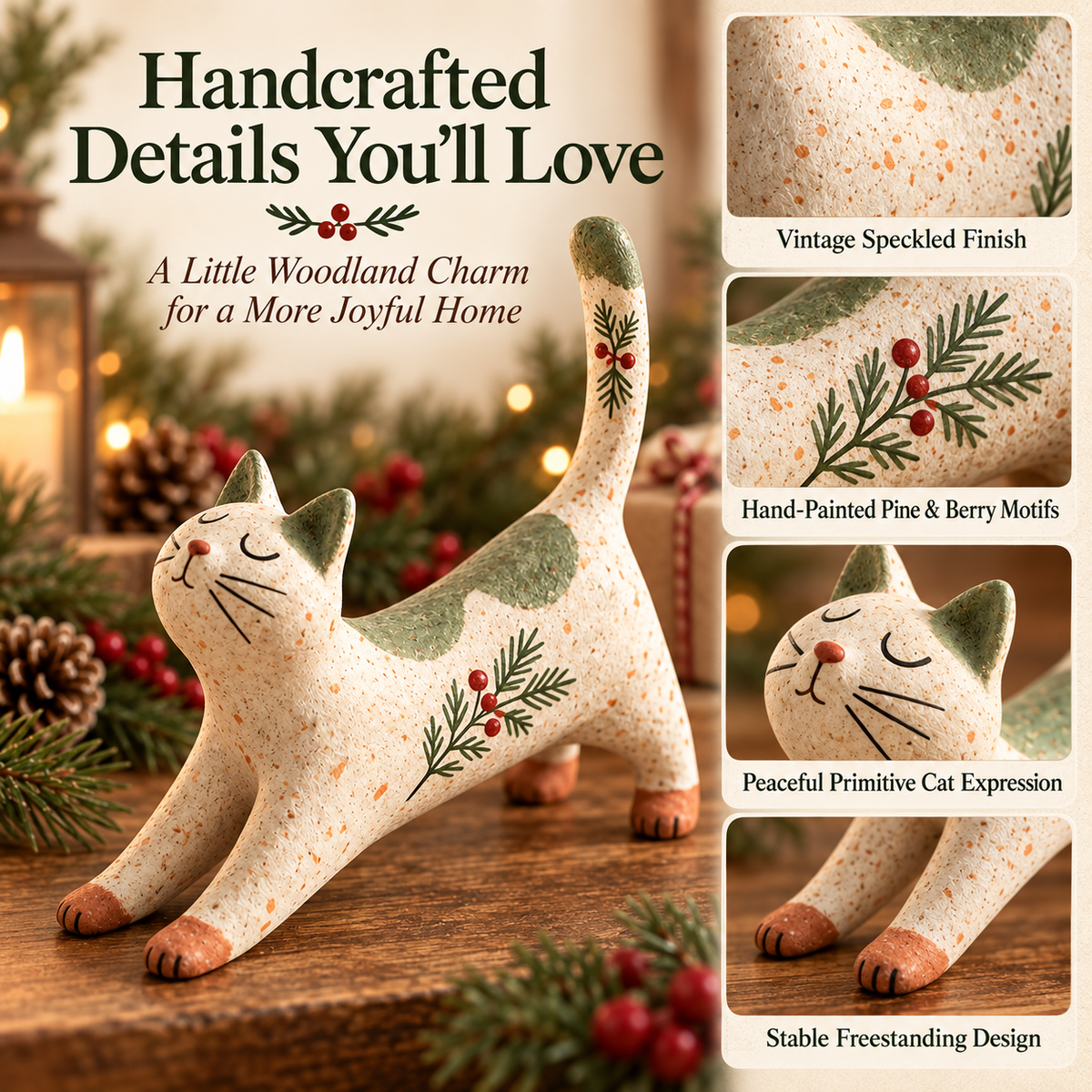 🐈🎄 Statuetta natalizia di gatto woodland--un tocco rustico e accogliente per la casa delle feste