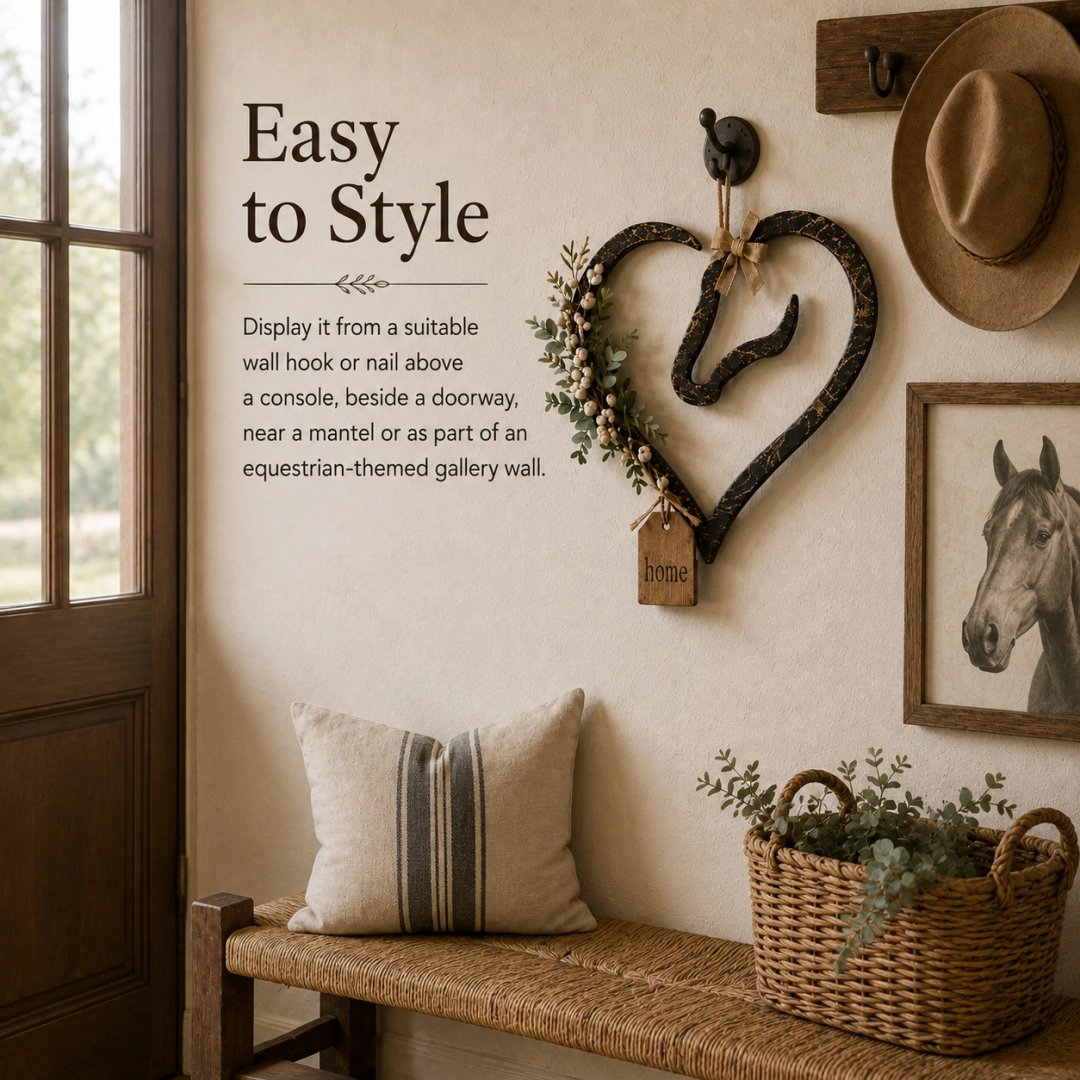 Decorazione da parete rustica a forma di cuore di cavallo con piante verdi – Elemento decorativo in stile country-equestre per la casa