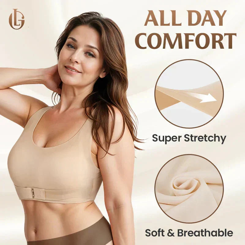 Reggiseno posturale senza ferretto con chiusura frontale e spalline incrociate sulla schien