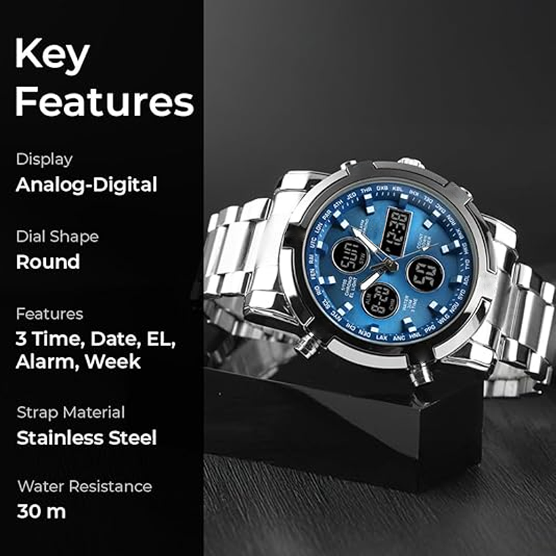 Orologio da polso impermeabile da uomo – Acciaio inossidabile, analogico-digitale, resistente agli urti e dal design robust