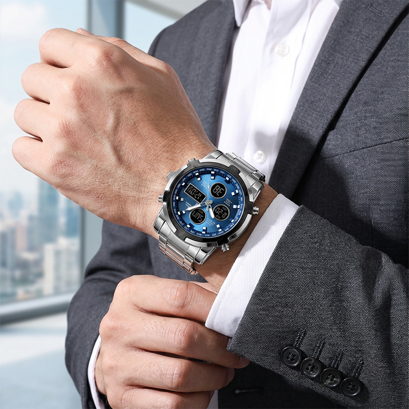 Orologio da polso impermeabile da uomo – Acciaio inossidabile, analogico-digitale, resistente agli urti e dal design robust