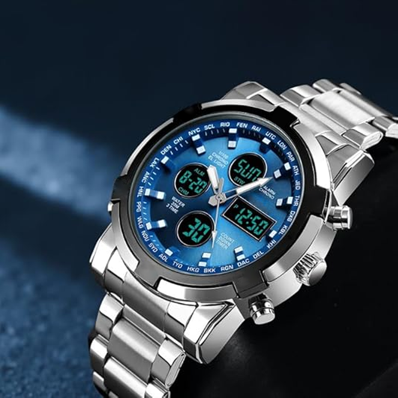 Orologio da polso impermeabile da uomo – Acciaio inossidabile, analogico-digitale, resistente agli urti e dal design robust
