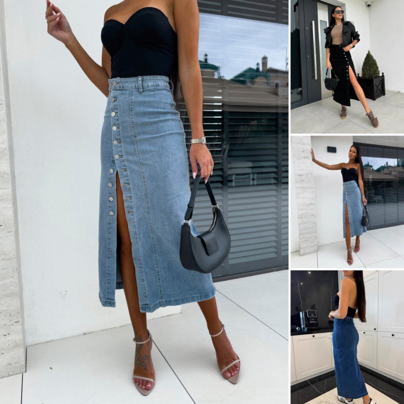 Gonna aderente in denim con spacchi e chiusura a bottoni