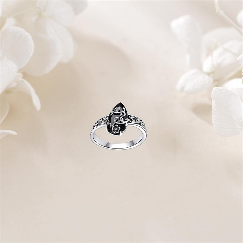 💎 ANELLO VINTAGE BOHEMIEN! 💎 Motivo floreale a rampicante, gemma nera a goccia e dettagli scintillanti per un'eleganza senza tempo✨