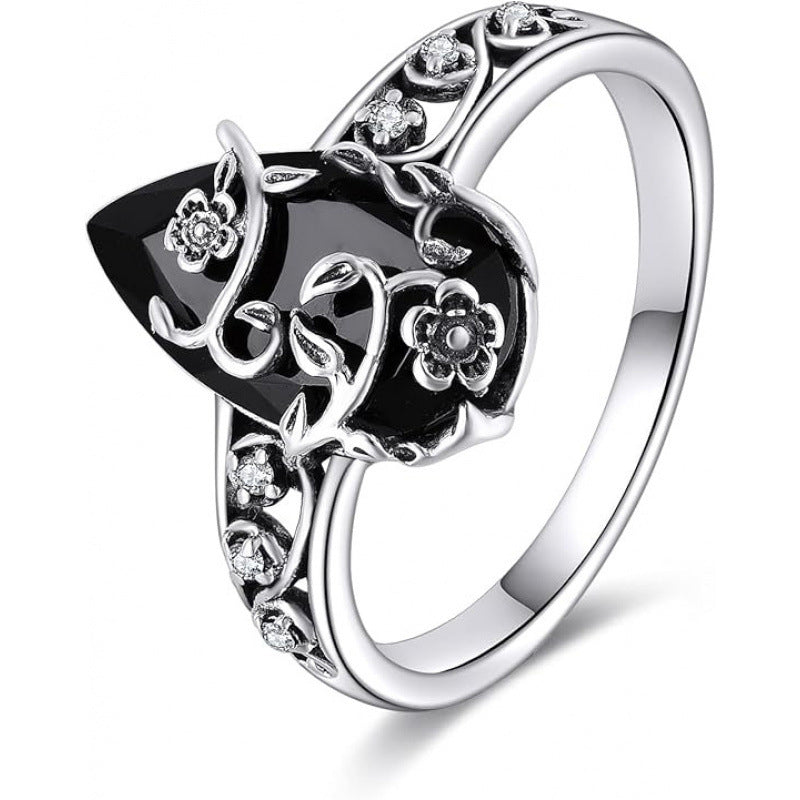 💎 ANELLO VINTAGE BOHEMIEN! 💎 Motivo floreale a rampicante, gemma nera a goccia e dettagli scintillanti per un'eleganza senza tempo✨