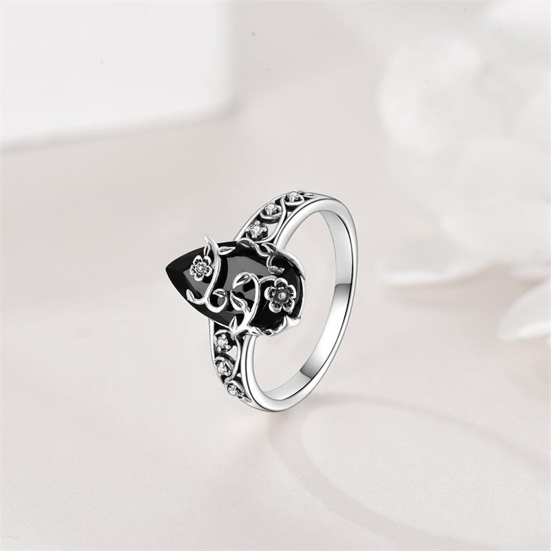 💎 ANELLO VINTAGE BOHEMIEN! 💎 Motivo floreale a rampicante, gemma nera a goccia e dettagli scintillanti per un'eleganza senza tempo✨