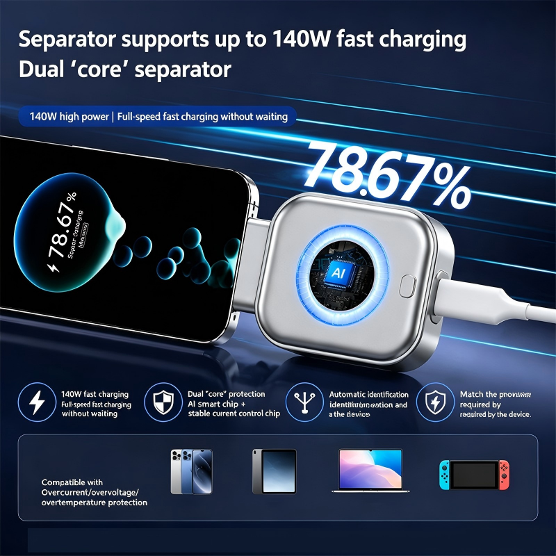 ⚡ Caricabatterie super veloce da 140 W con spegnimento automatico tramite IA – USB-C PD3.1 – Protezione intelligente della batteria – Universale per iPhone, MacBook e table