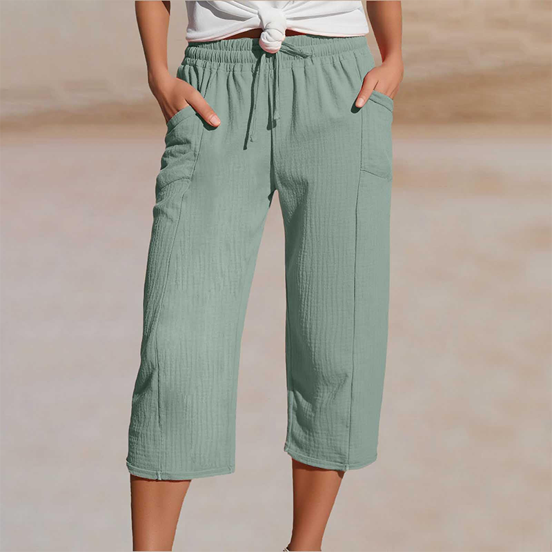 Pantaloncini da donna in cotone e lino a pieghe, tinta unit