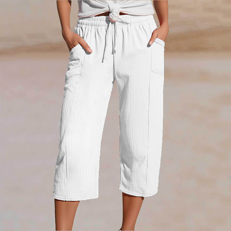 Pantaloncini da donna in cotone e lino a pieghe, tinta unit
