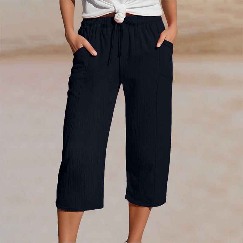 Pantaloncini da donna in cotone e lino a pieghe, tinta unit