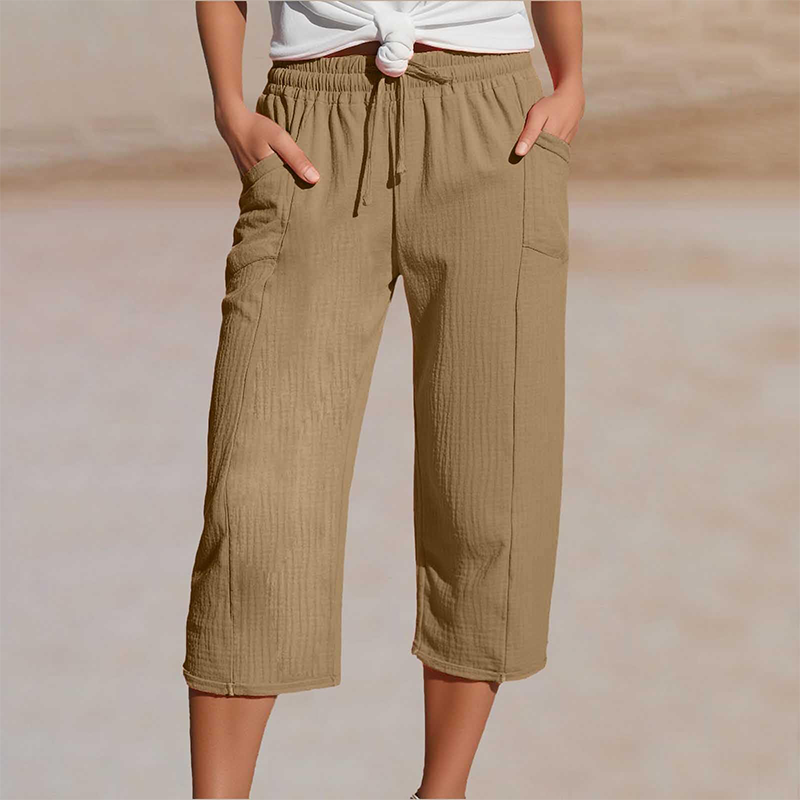 Pantaloncini da donna in cotone e lino a pieghe, tinta unit