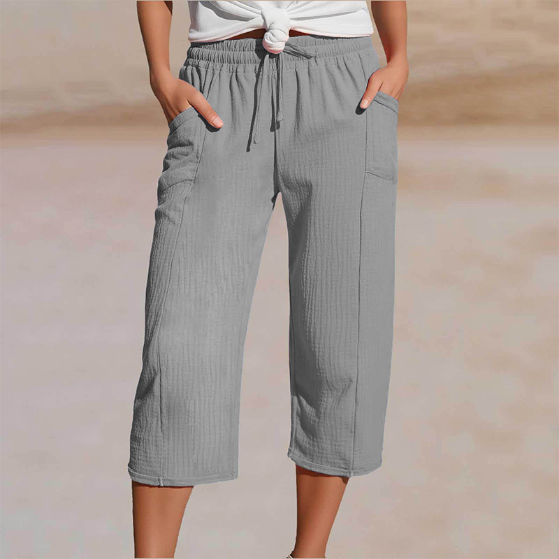 Pantaloncini da donna in cotone e lino a pieghe, tinta unit