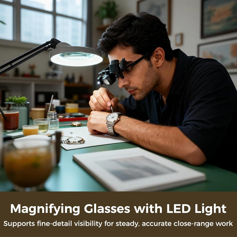 🔬✨ Occhiali con lente d'ingrandimento a LED di precisione – Lenti intercambiabili, doppio LED, senza mani 💡
